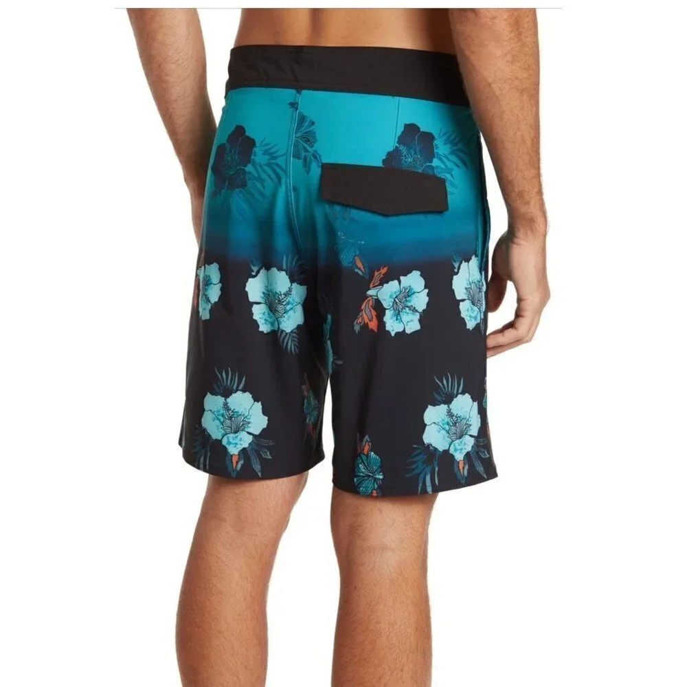 Burnside Mens Blue Tropical Pockets Long Board Shorts Swimwear Sz 32 New